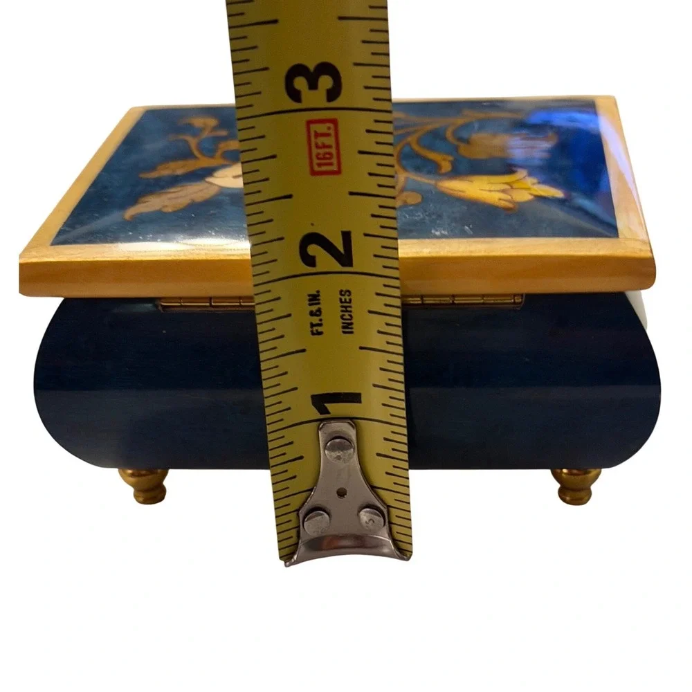 Reuge Italy Musical Jewelry Box Blue Wood Marquetry Floral Inlay Vintage Swiss‎